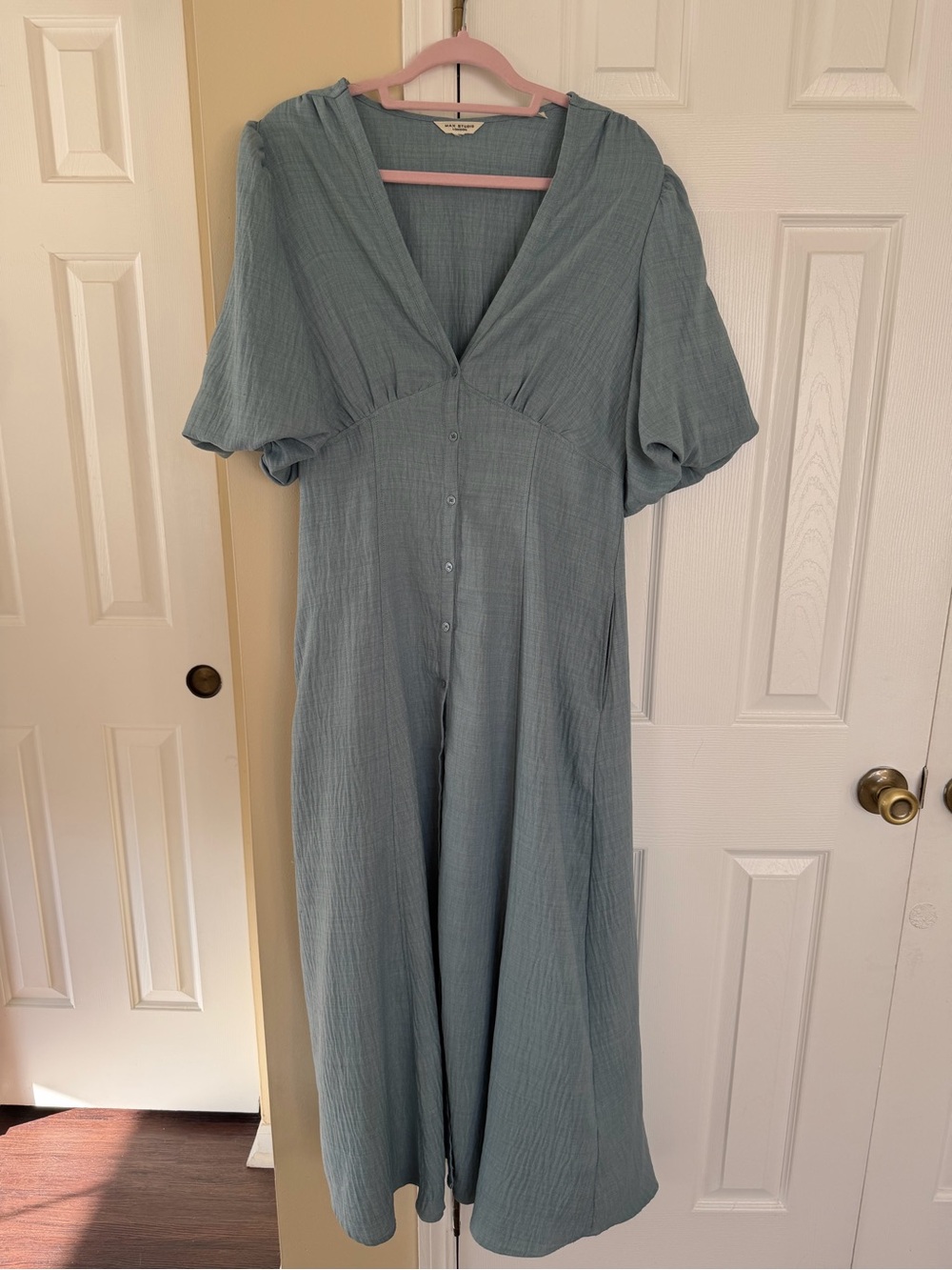 Max Studio Sage Green Button-Front Midi Dress with Puff Sleeves